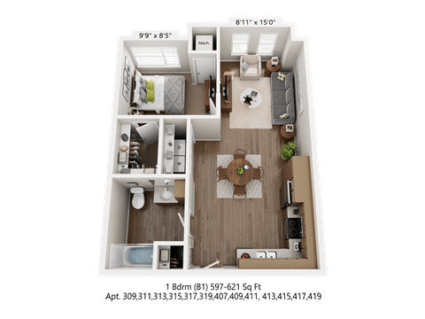 Floor plan for 1 bed, 1 bath, 621 sqft